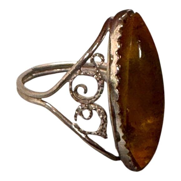 Vintage Statement Natural Baltic Amber Marquise Ring Ornate Silver Filigree Sz6 - Picture 9 of 10